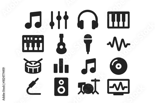 Set of black music icons including instruments and audio equipment symbols