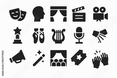 Theater and film icons: masks, camera, awards, microphone, and more