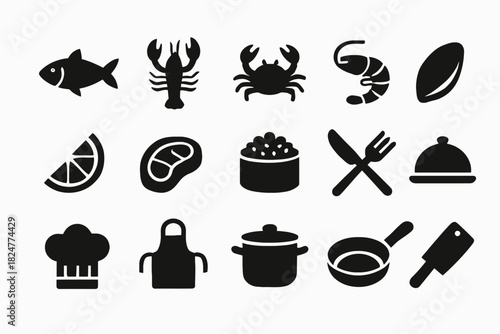 Collection of food and cooking icons featuring seafood and kitchen utensils