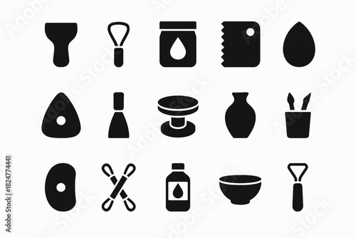 Pottery tools icons set: spatula jar cutter bowl vase brush simplified silhouette