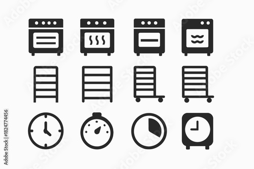 Kitchen appliances icons: oven, racks, clocks for cooking and baking