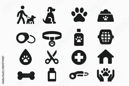 Pet care icons: leash, collar, kennel, veterinary, and nutrition symbols