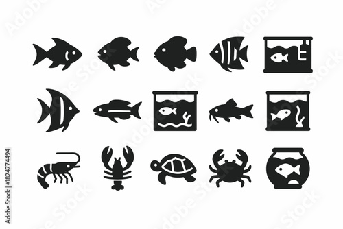 Aquarium icons set: fish, crustaceans, turtles, crabs, tanks, bowl