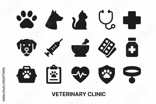 Veterinary clinic icons: pet care symbols including dog, cat, medicine, and tools