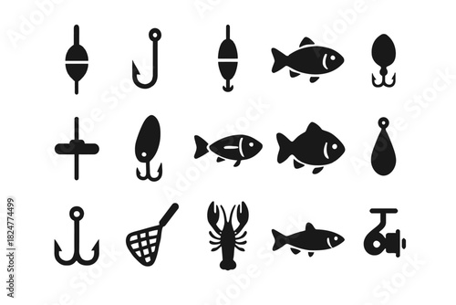 Silhouette fishing icons: fish, hook, buoy, net, lobster, reel illustrations