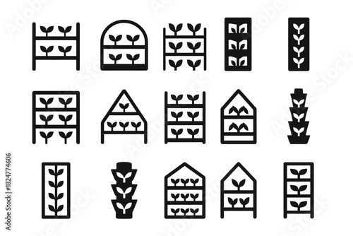 Set of indoor gardening icons: various shelves and vertical planting systems