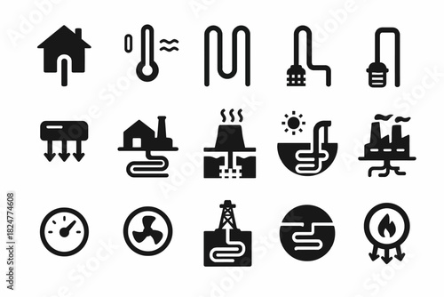 Geothermal energy icons collection: power plant symbols and elements