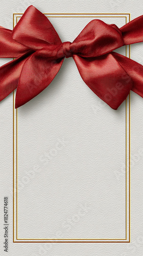 luxury vertical white frame wrapped with twisted ruby red satin ribbon, smooth glossy texture