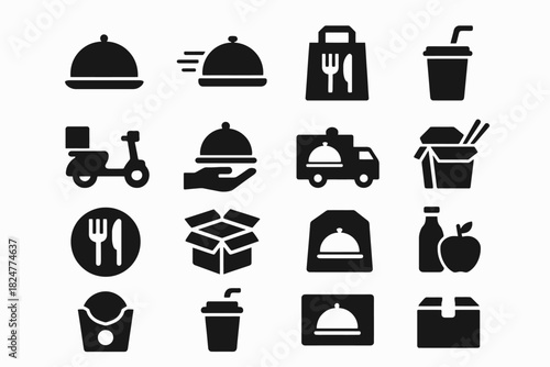Food delivery icons set: scooter, takeout, packaging, drink, apple
