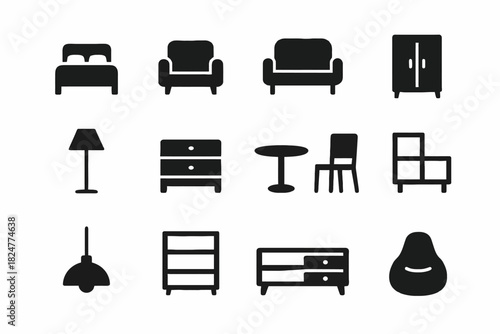 Silhouette icons of furniture: bed, sofa, chair, lamp, cabinet, table, shelf, pouf