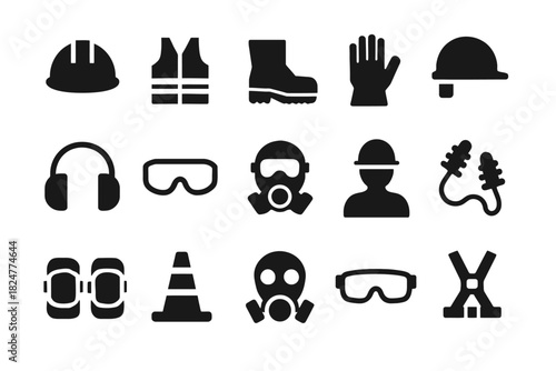 Safety equipment icons: helmets, gloves, masks, safety vests, ear protection