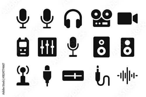 Audio and video equipment icons: microphones, headphones, recorders, speakers, waveform