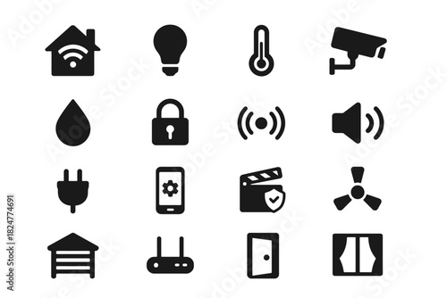 Smart home security and automation icons: lock, camera, thermostat, light bulb, wifi symbols