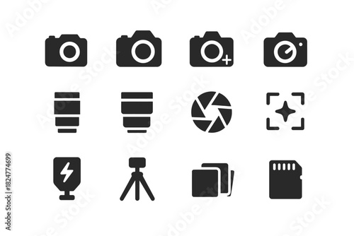 Camera and photography icons set with lenses, tripod, flash, and memory card