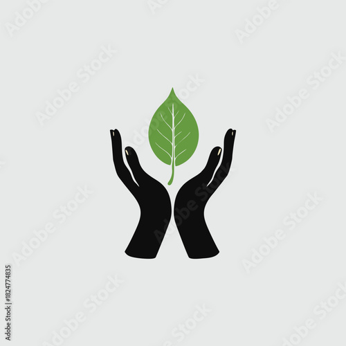 Two black hands gently cupping and protecting a vibrant green leaf against a light grey background, symbolizing environmental care and nature.