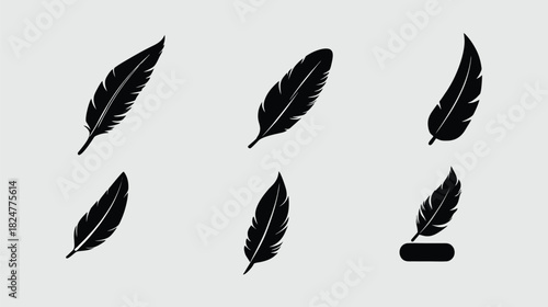 Six black feather illustrations arranged on a light gray background, each with unique details.