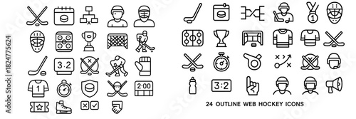Detailed collection of symbols representing ice hockey equipment, players, game elements, and scoreboards