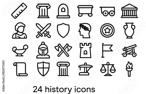 Outline symbols representing history, ancient culture, warfare, and education