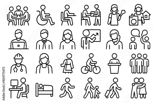 Diverse people pictograms representing business, health, travel, and daily life