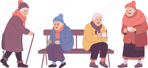 Set of Elderly People Wearing Winter Clothes Sitting on Bench Drinking Hot Beverages Vector Illustration on Transparent Background