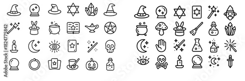 Outline icons set of mystical magic, witchcraft, and occult symbols for fantasy design