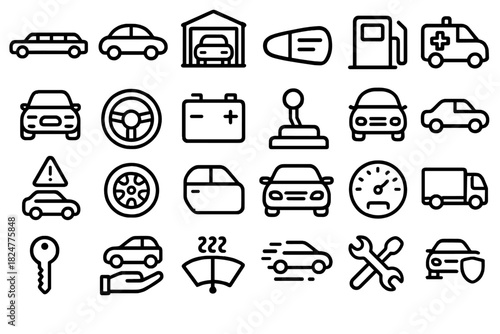Automotive repair tools, vehicles, garage equipment, battery, and steering wheel symbols