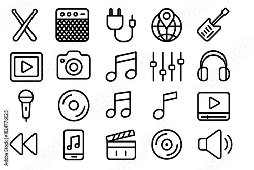 Minimalist outline icons for music, audio, video, and media production elements