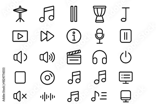 Collection of outline icons for music, audio, video, and media player functions