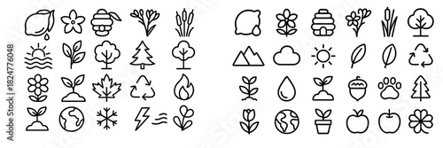 Minimalist line symbols representing nature, ecology, environment, and weather elements