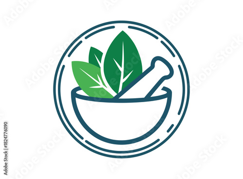 A mortar and pestle with green leaves inside a circular frame represents natural medicine.