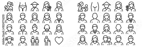 Diverse human avatar icons collection showing gender, age, culture, and relationships for modern user interface design