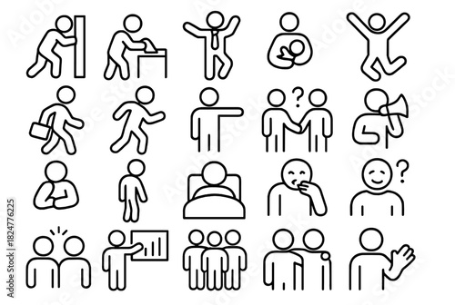 Set of simple line symbols depicting people engaged in various activities and social concepts