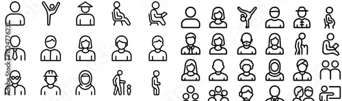 Diverse set of outline user profile avatars representing various professions, ages, genders, and activities