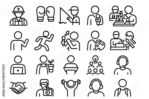 Diverse professional and activity icons representing various careers and hobbies