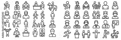 Diverse people figures representing jobs, activities, and social roles in outline style