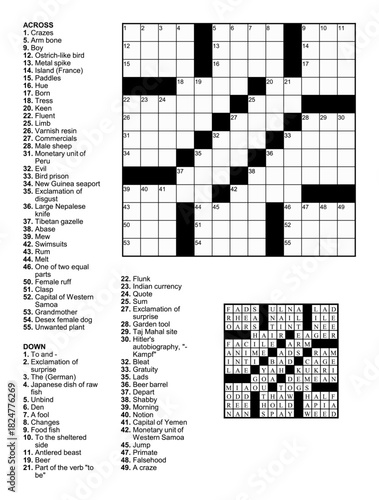 Crossword puzzle game with 13 x 13 squares with clues and solution.