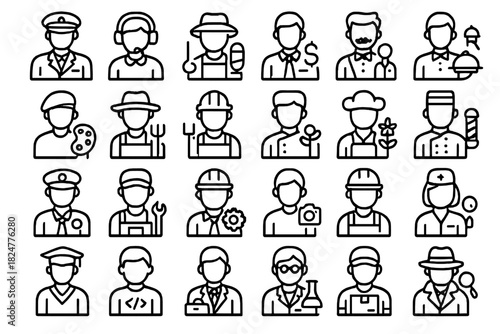 Outline icons representing various professional occupations and worker avatars