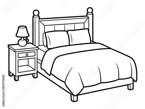 A simple illustration of a bed with pillows and a nightstand with a lamp.