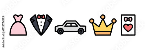 A wedding dress, tuxedo, car, crown, and invitation are displayed in a row.