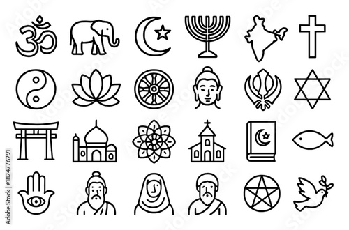 Collection of outline symbols representing major world religions spirituality and sacred concepts