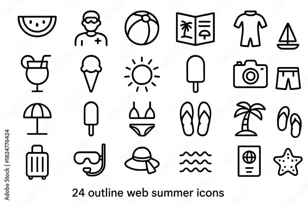 Fototapeta premium Minimalist outline symbols set for summer vacation and beach travel concepts