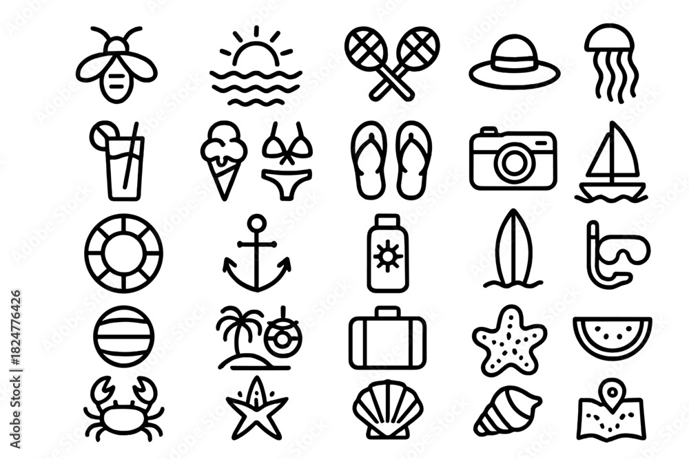 Fototapeta premium Minimalist line art elements for summer vacation and beach holiday travel