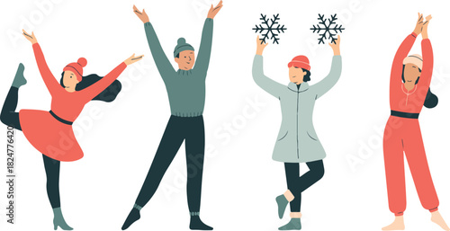 Set of People in Winter Clothes Dancing and Having Fun Outdoor While Snowing Vector Illustration on Transparent Background