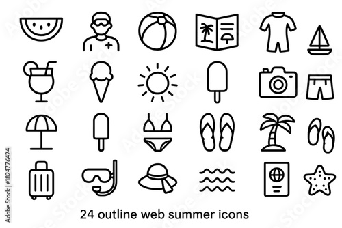 Minimalist outline symbols set for summer vacation and beach travel concepts