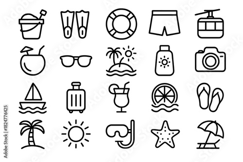 Summer vacation and beach holiday outline icons set featuring tropical travel elements and accessories