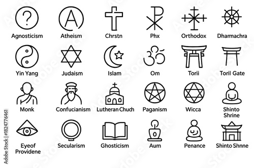 World religions, spiritual beliefs, and philosophical concepts outline icons set