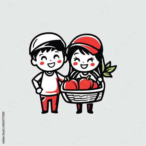 A cute cartoon couple, a boy and a girl, happily holding a basket full of fresh red apples.
