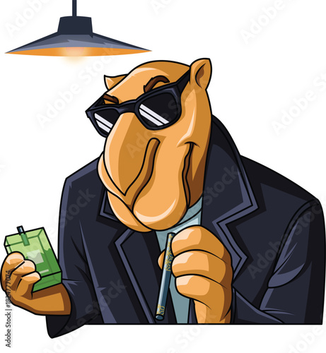 A cool cartoon camel character wearing a suit and sunglasses.