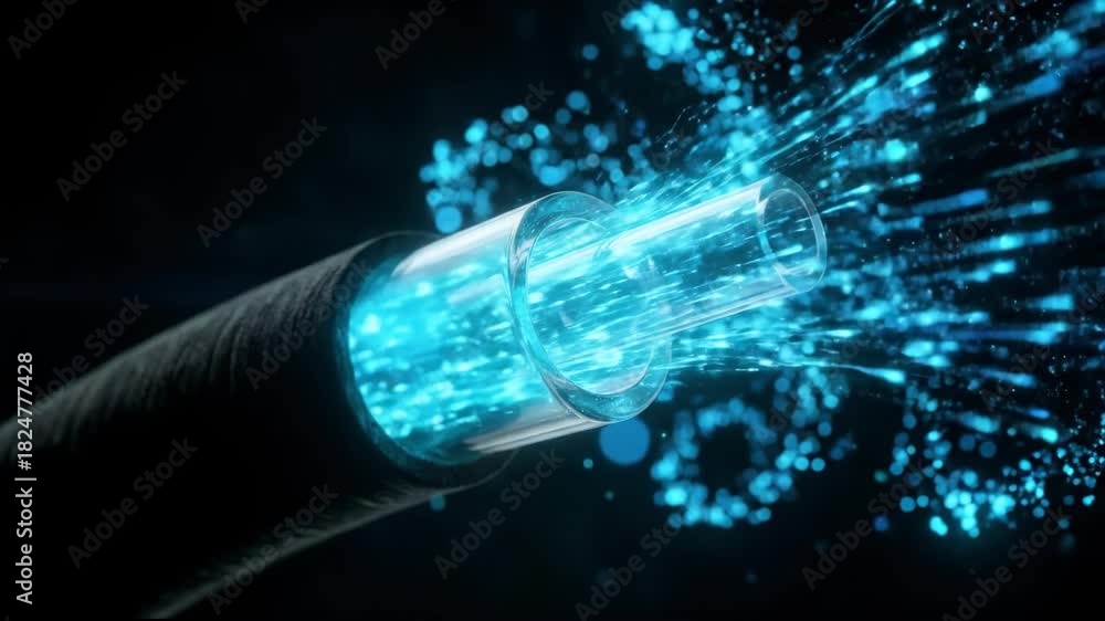 Cable Connection Visualization Blue energy pulsing through fiber optic cable in sequence. Data ...