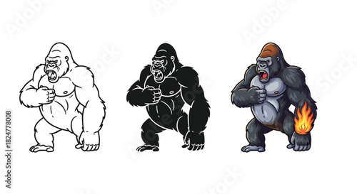 Three powerful gorilla illustrations outline, silhouette, and vibrant colored versions with fiery details